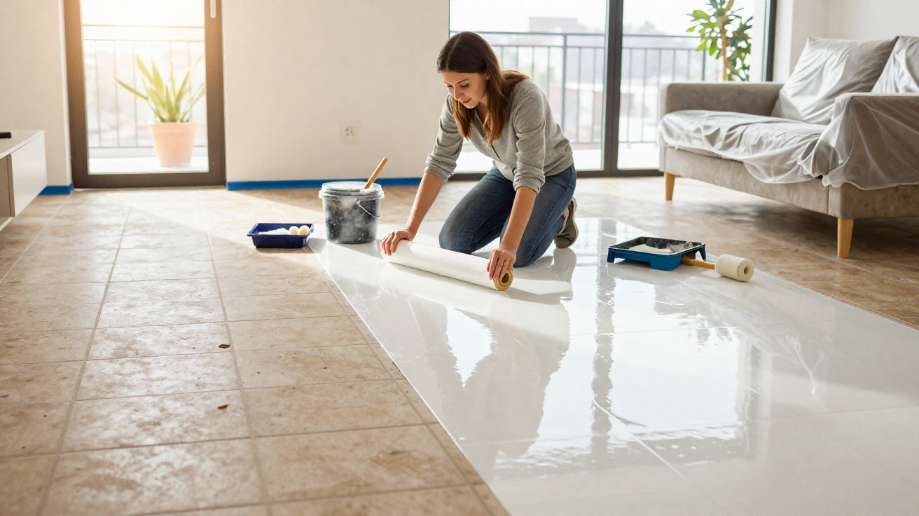 Mulher instala pavimento autocolante branco numa sala em chão de azulejos castanhos.