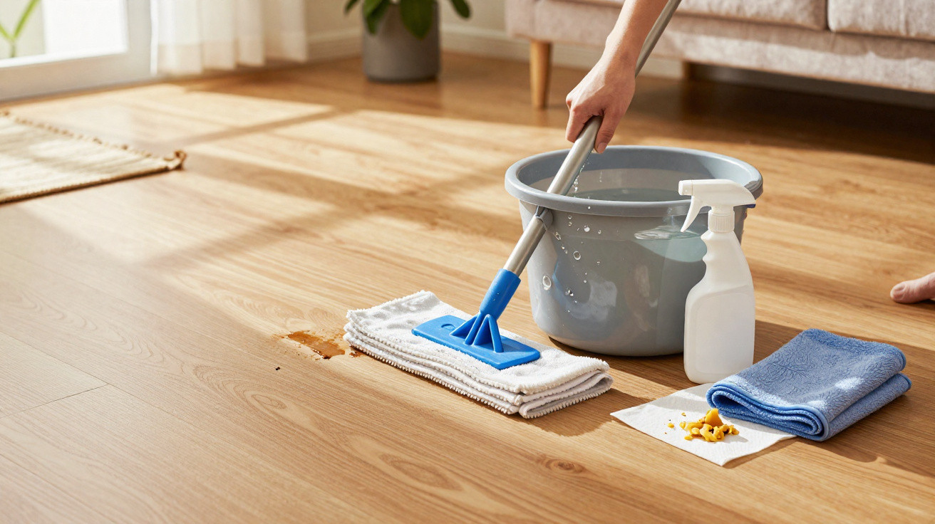 Pessoa a limpar piso de madeira com esfregona, balde com água e spray de limpeza ao lado.