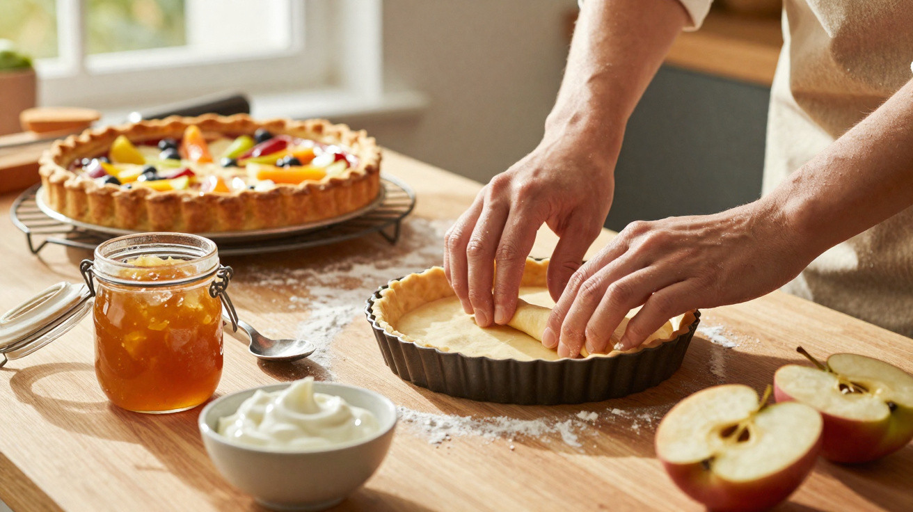 Mãos a preparar base de tarte numa forma, com tarte de frutas, compota, natas e maçãs cortadas ao lado.