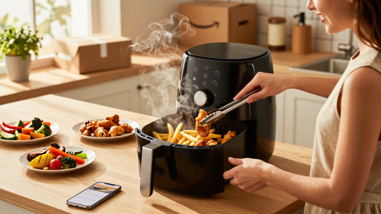Mulher retira comida quente feita numa fritadeira sem óleo numa cozinha moderna.