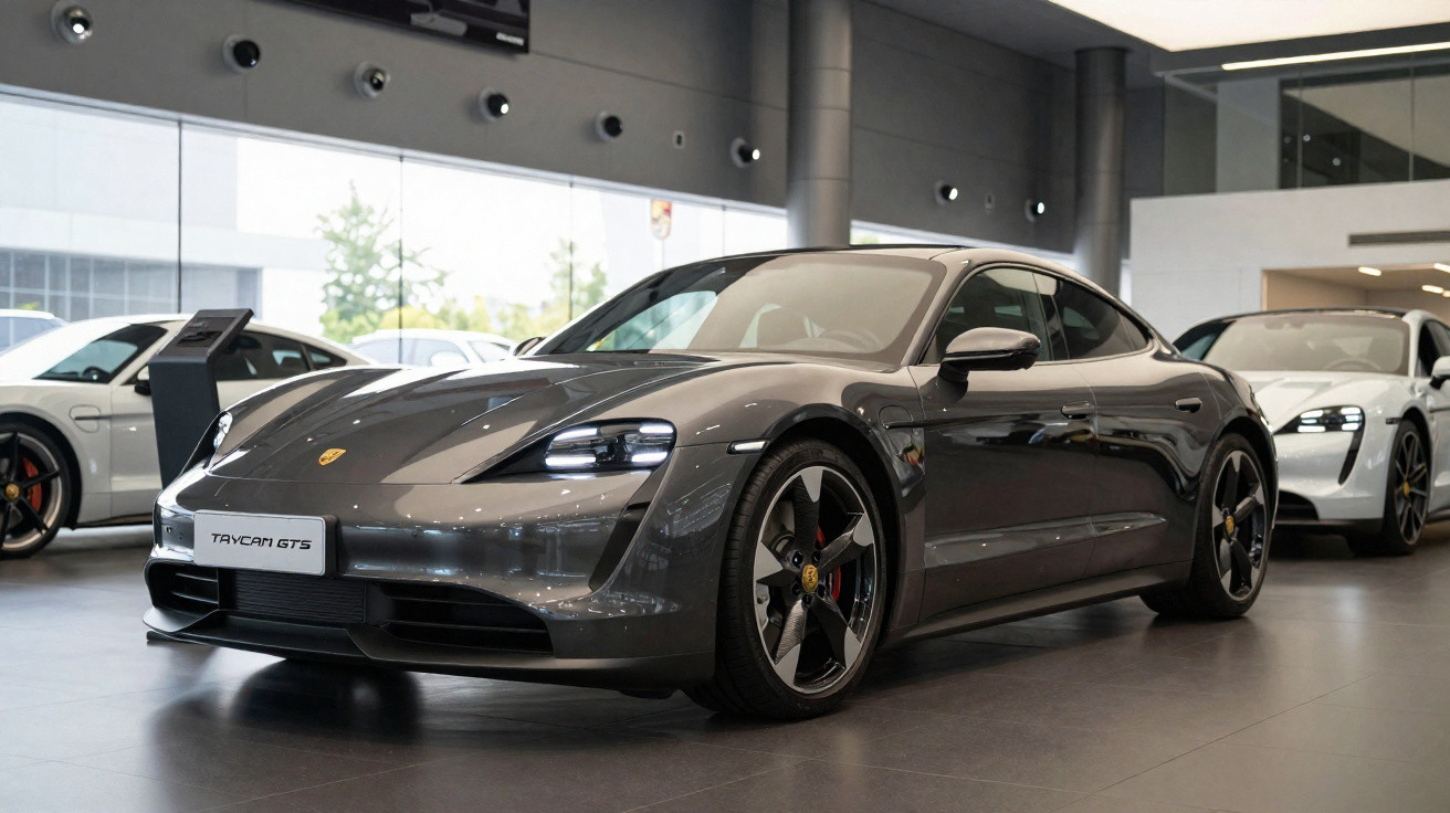 Carro desportivo elétrico Porsche Taycan GTS cinzento exposto numa concessionária moderna.