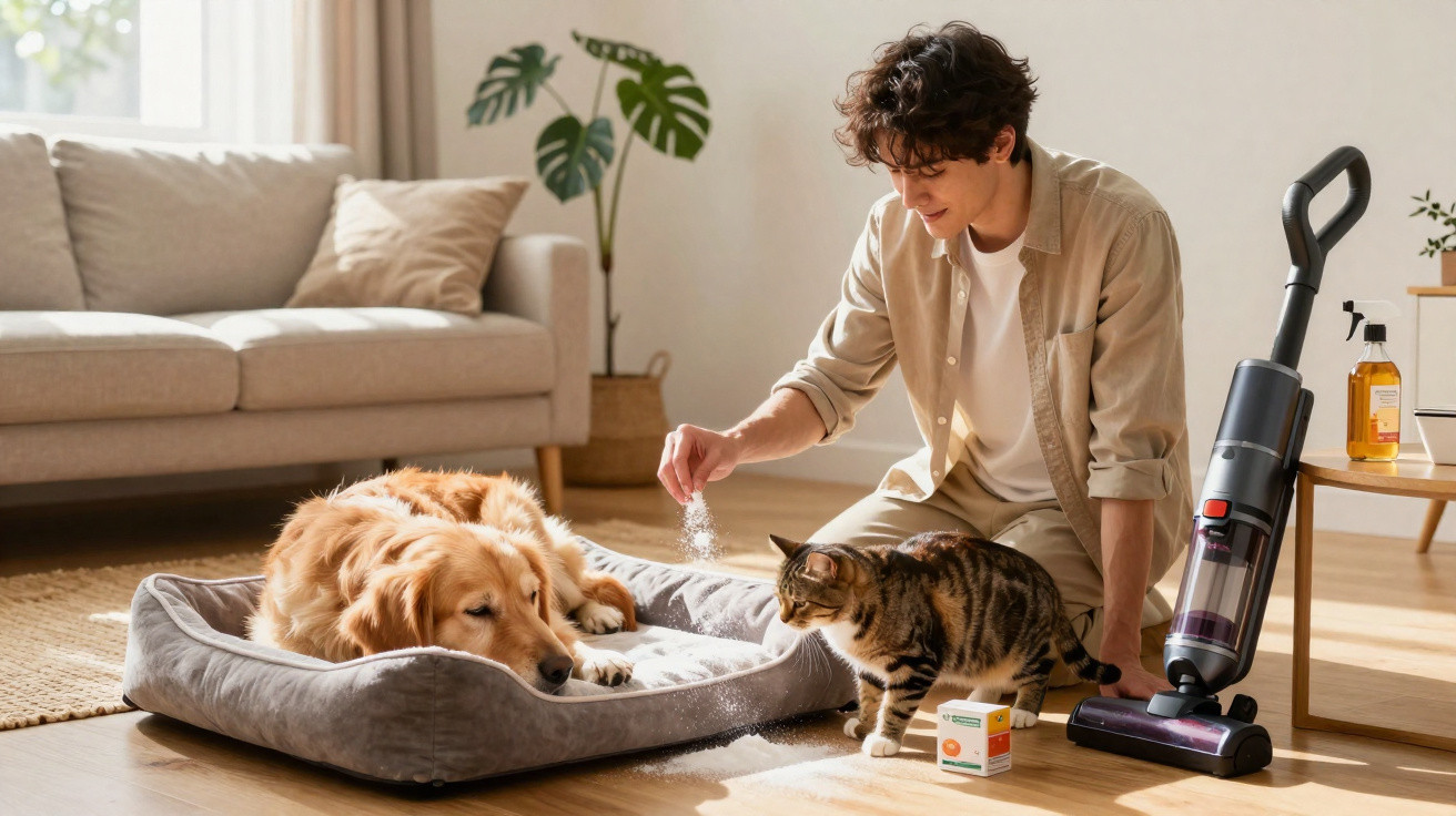 Jovem com aspirador brinca com gato e cachorro deitado na cama confortável numa sala luminosa.