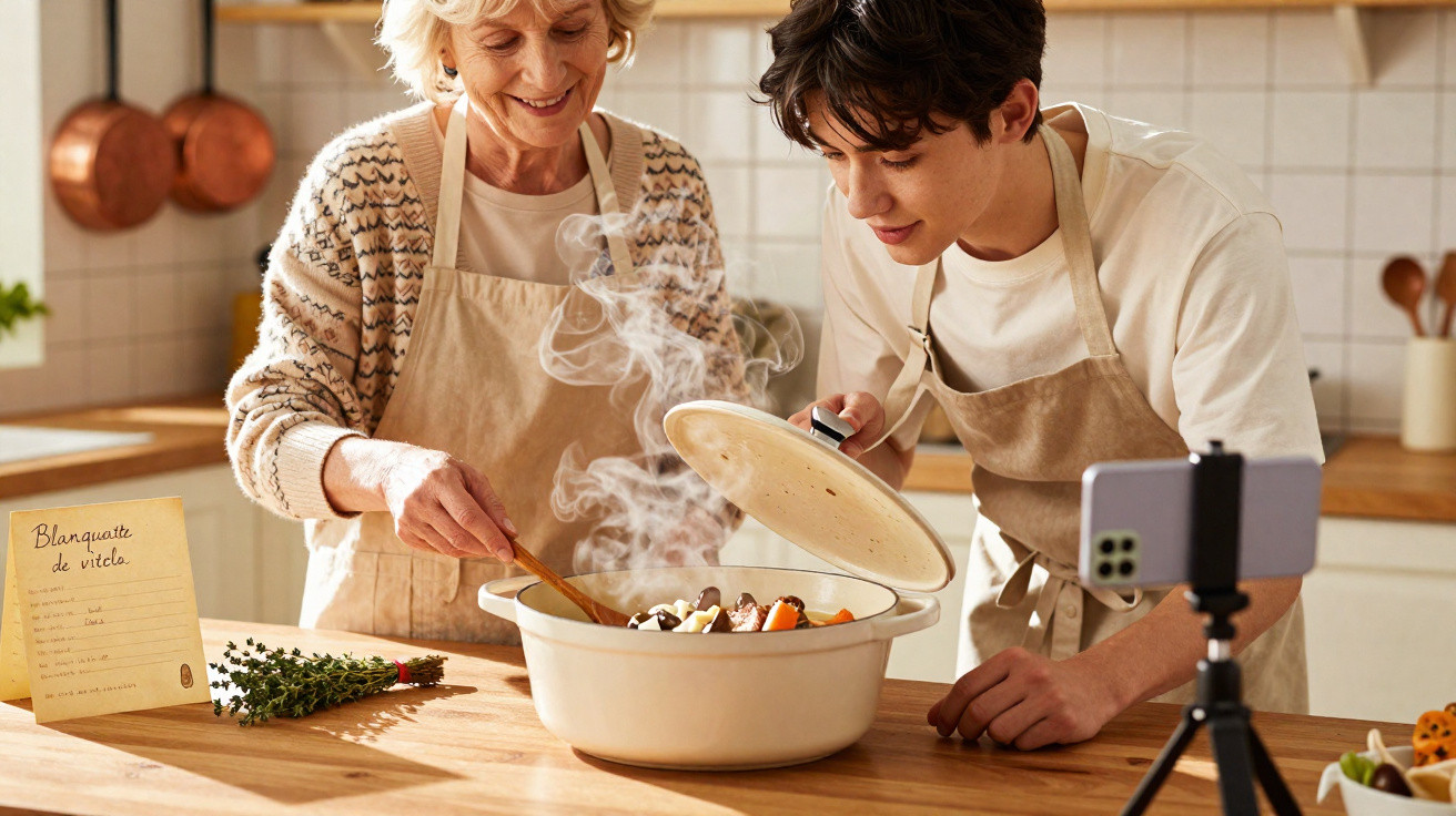 Duas pessoas a cozinhar juntas numa cozinha moderna, preparando um prato quente com legumes.