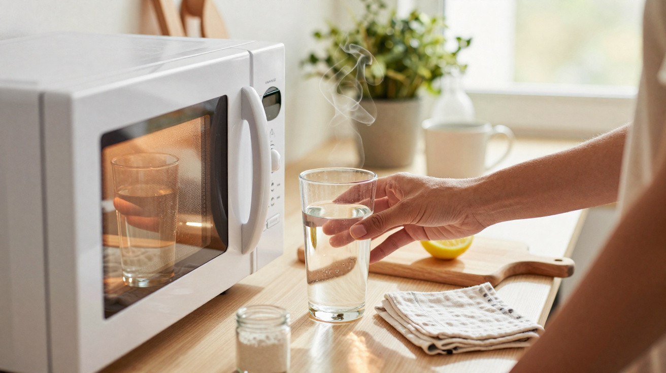 Pessoa a retirar um copo de água quente a ferver de um micro-ondas numa cozinha iluminada.