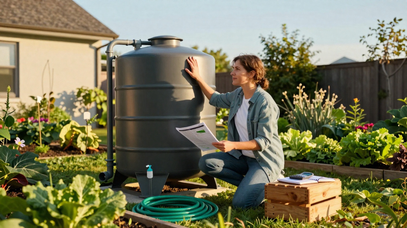 Mulher a inspecionar um depósito de água num jardim com várias plantas e hortícolas ao redor.