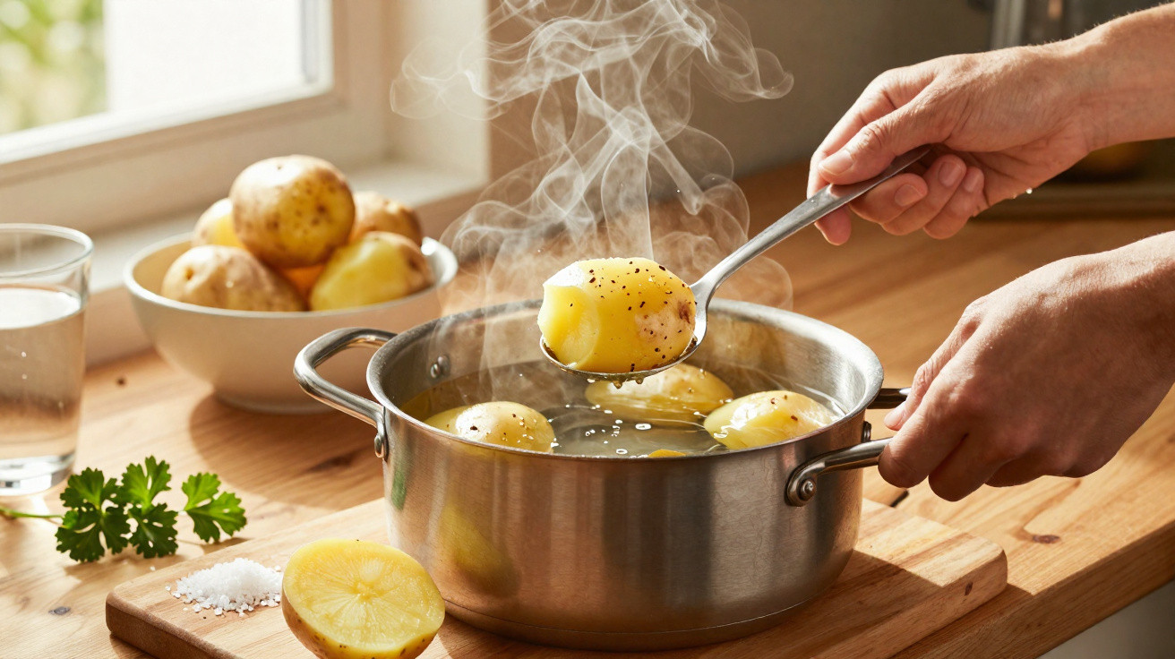 Mãos a retirar batatas quentes e temperadas com sal e pimenta de uma panela com vapor na cozinha.