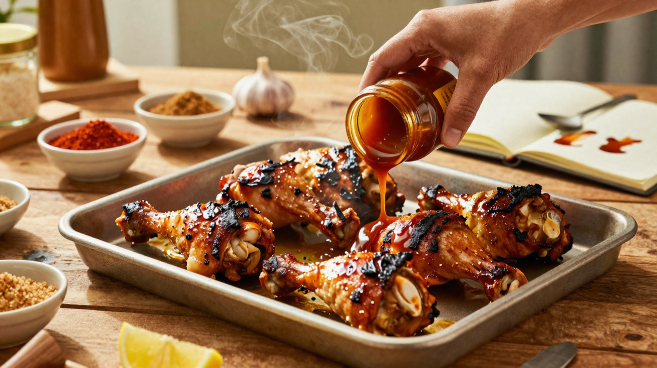 Frango assado na travessa com molho a ser vertido, rodeado por vários temperos e alho na mesa.