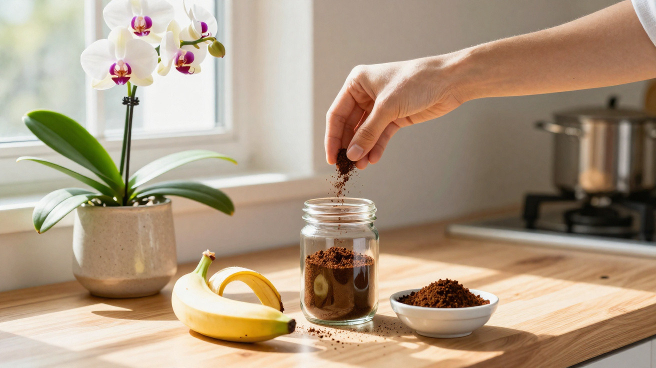 Mão a colocar café moído num frasco na cozinha, com banana e orquídea ao lado na bancada.