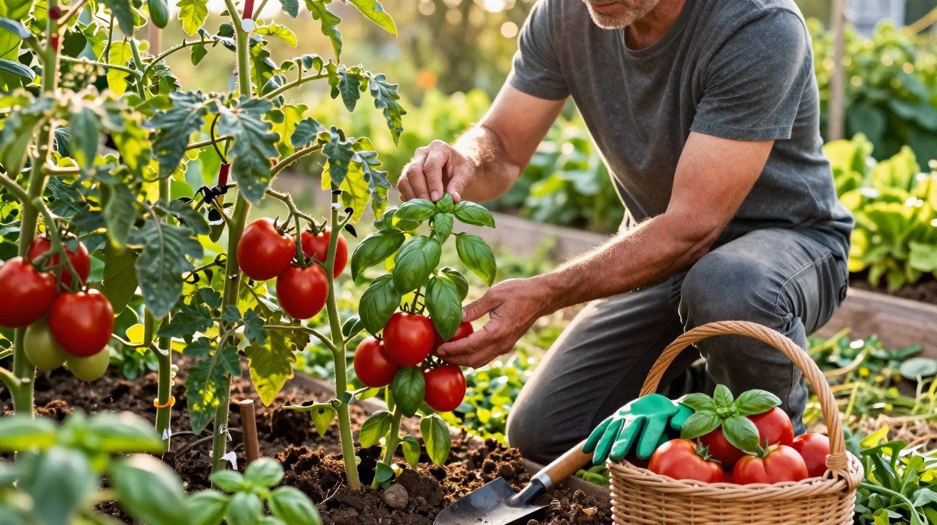 Homem colhe tomates maduros numa horta com cesta de madeira e luvas verdes ao lado.