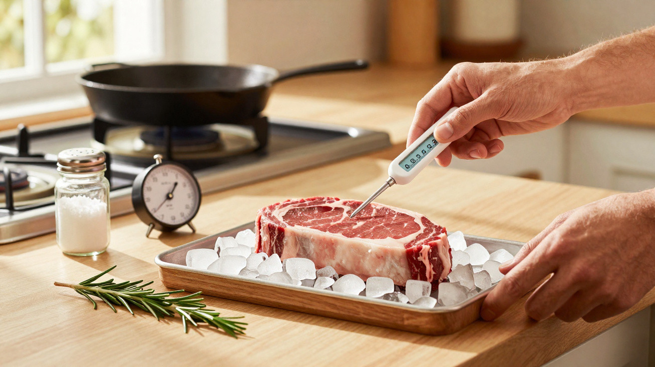 Pessoa a medir temperatura de uma carne crua sobre cubos de gelo numa bancada de cozinha.