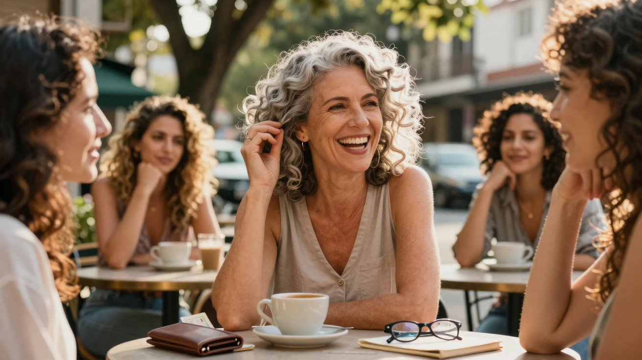 Mulheres de diferentes idades a conversar e sorrir enquanto tomam café numa esplanada ao ar livre.