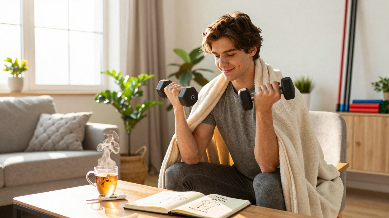 Jovem sentado no sofá com manta, a fazer exercício com halteres e a seguir instruções num livro no café.