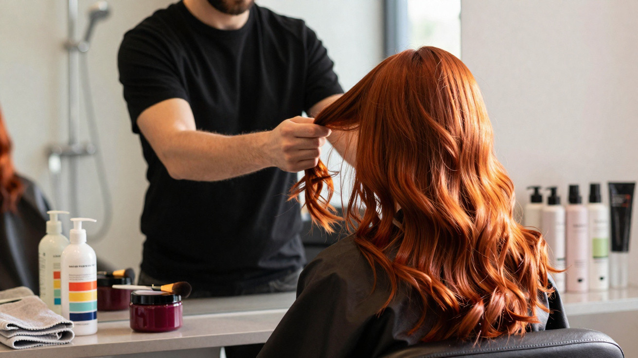 Cabeleireiro a arranjar cabelo ondulado e ruivo de uma cliente num salão moderno.