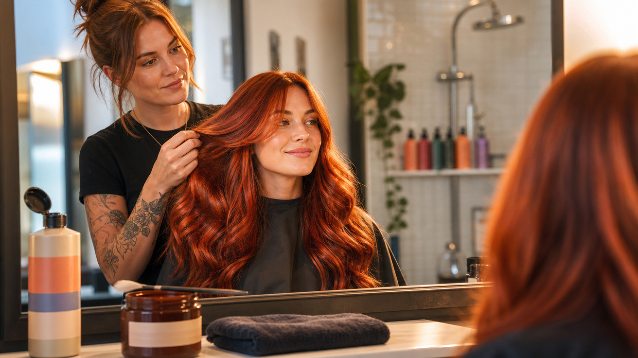 Mulher sentada num cabeleireiro a ser penteada, admirando o cabelo longo e ondulado no espelho.