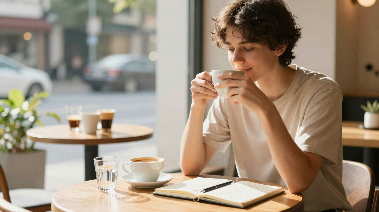 Pessoa jovem sentada numa mesa de café a beber chá, com livro aberto e caneta à frente.