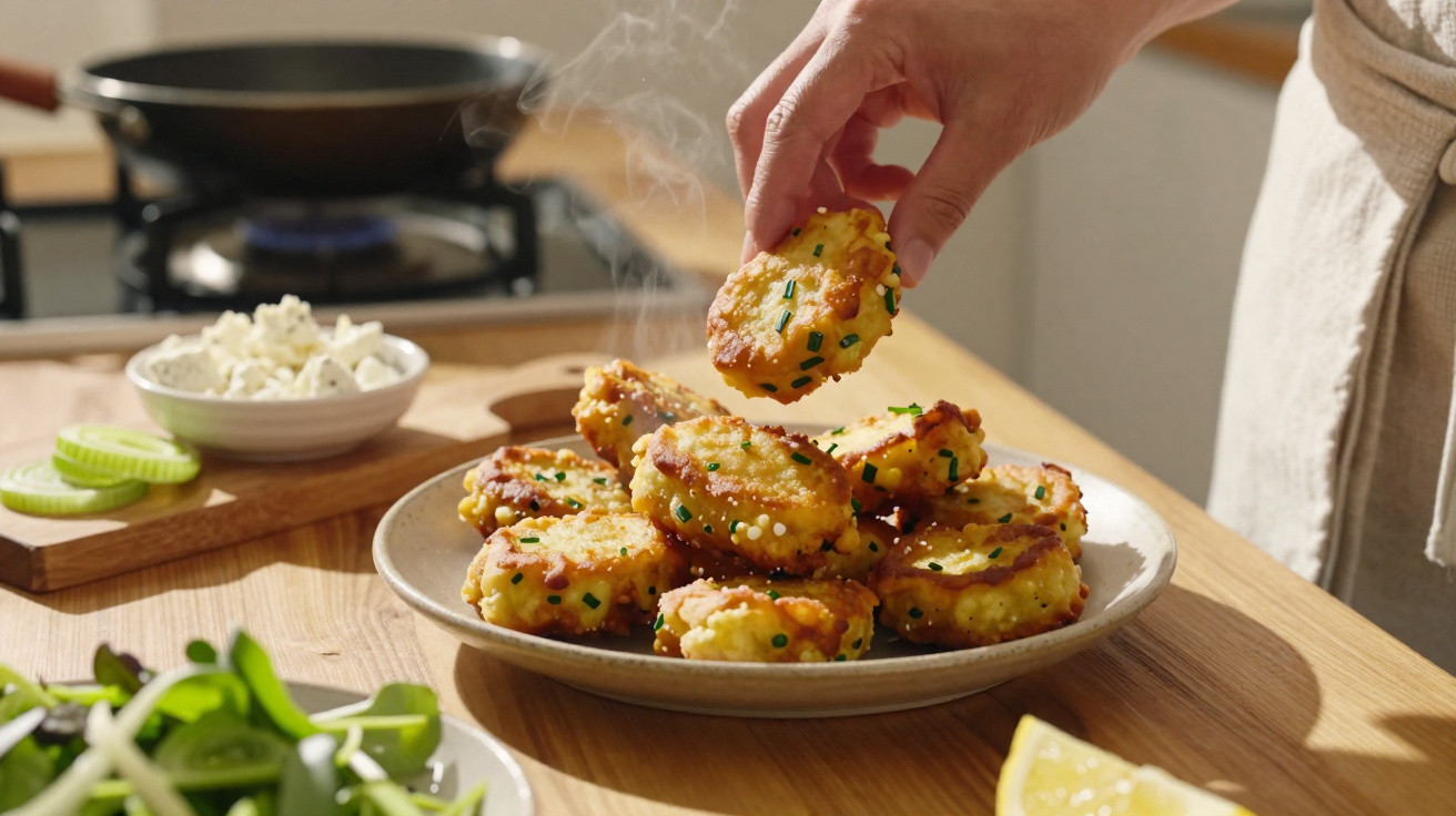 Mão a pegar bolinhos dourados com ervas num prato, ao lado de queijo, pepino e salada frescos na cozinha.