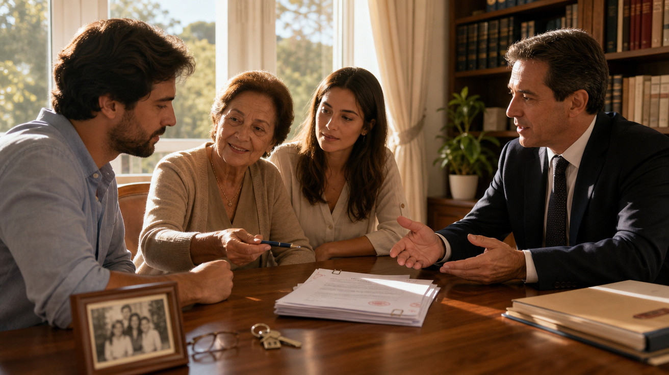 Quatro pessoas numa reunião à mesa a discutir documentos, com um quadro de família e chaves em cima.