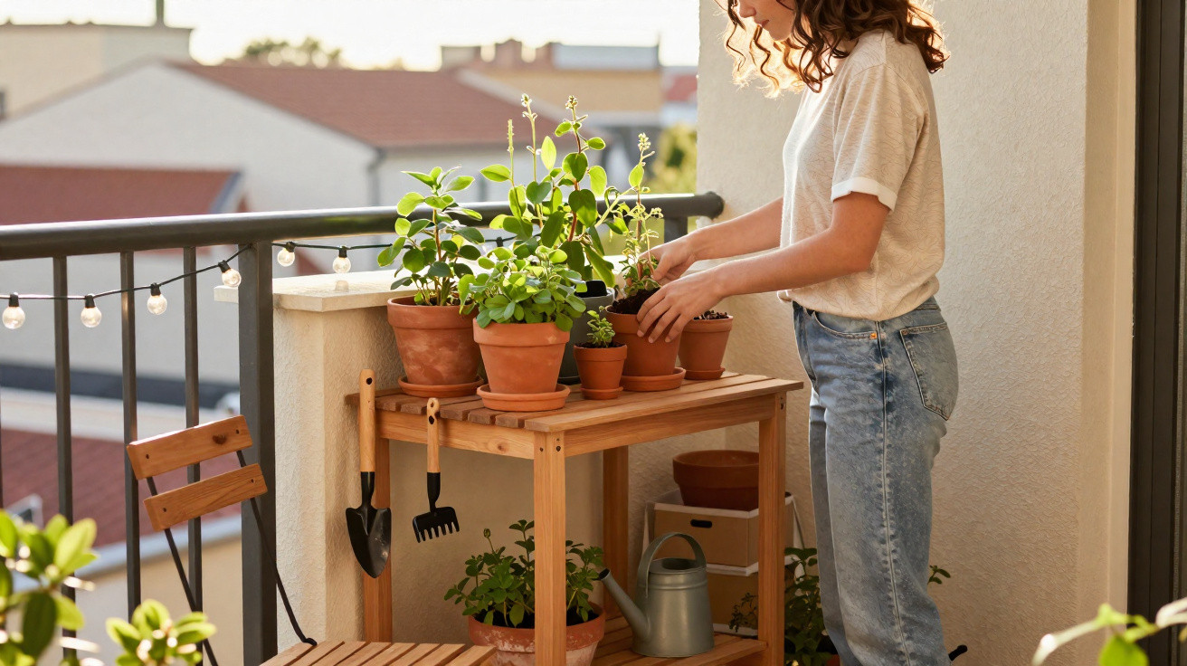 Pessoa a cuidar de plantas em vasos num terraço com luz natural ao amanhecer.