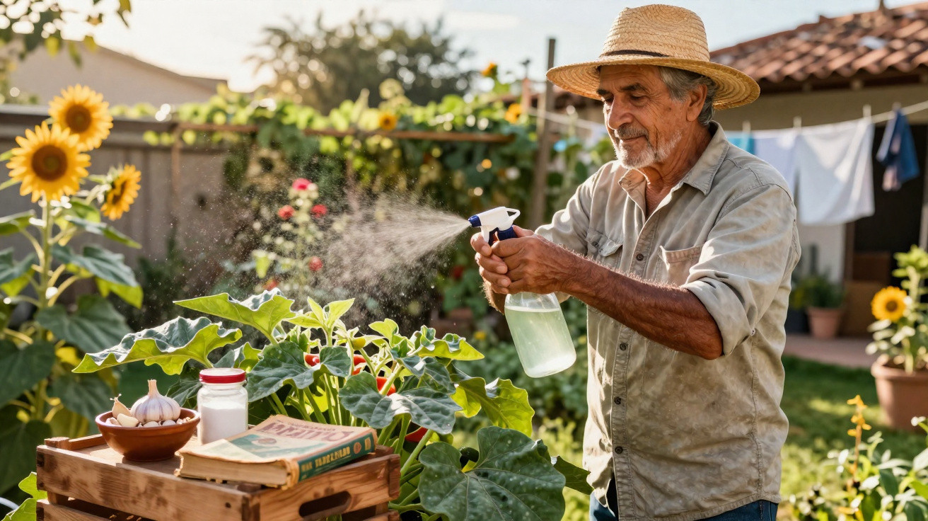 Homem idoso a pulverizar plantas num jardim com girassóis ao fundo num dia ensolarado.