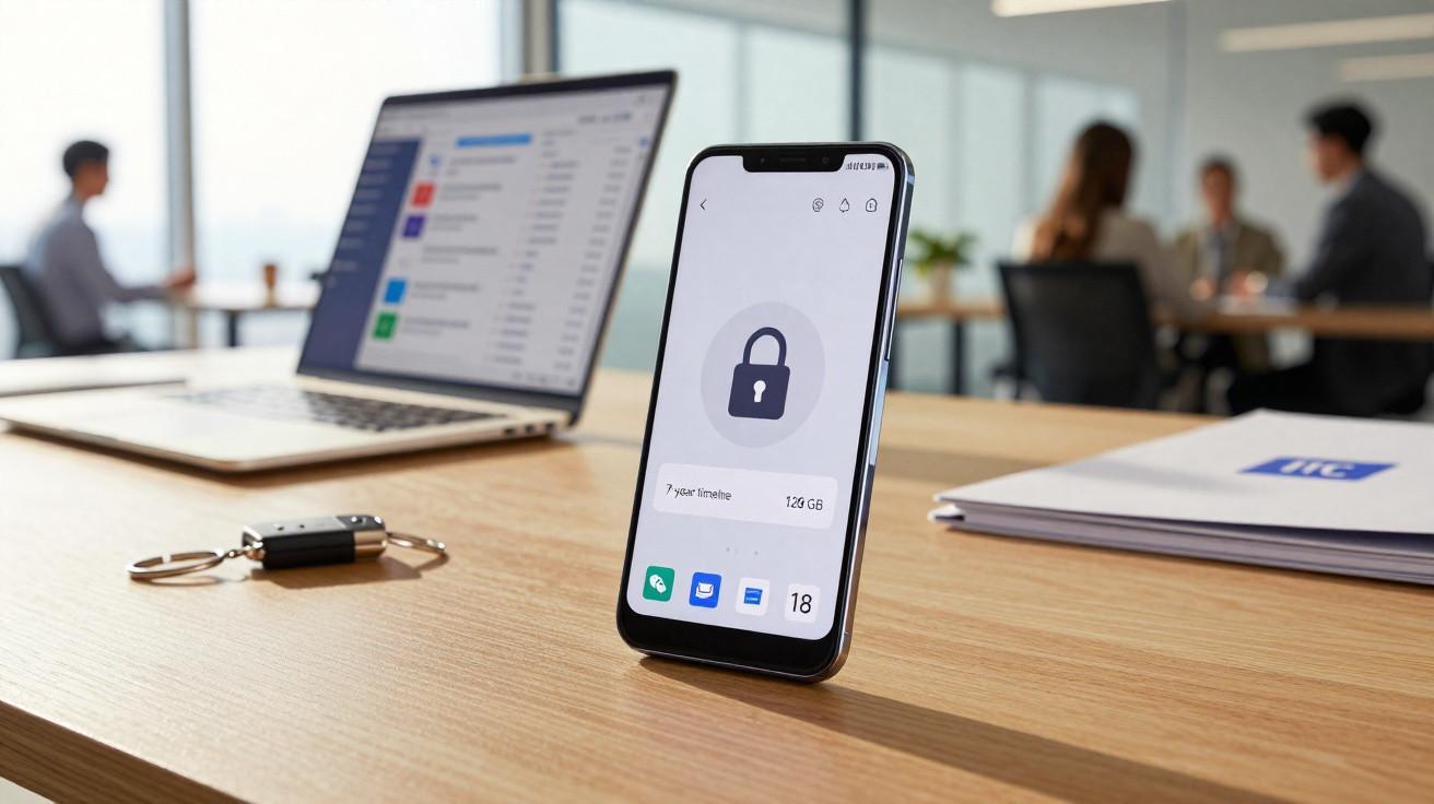 Smartphone com símbolo de cadeado numa secretária de escritório com portátil e pessoas ao fundo.