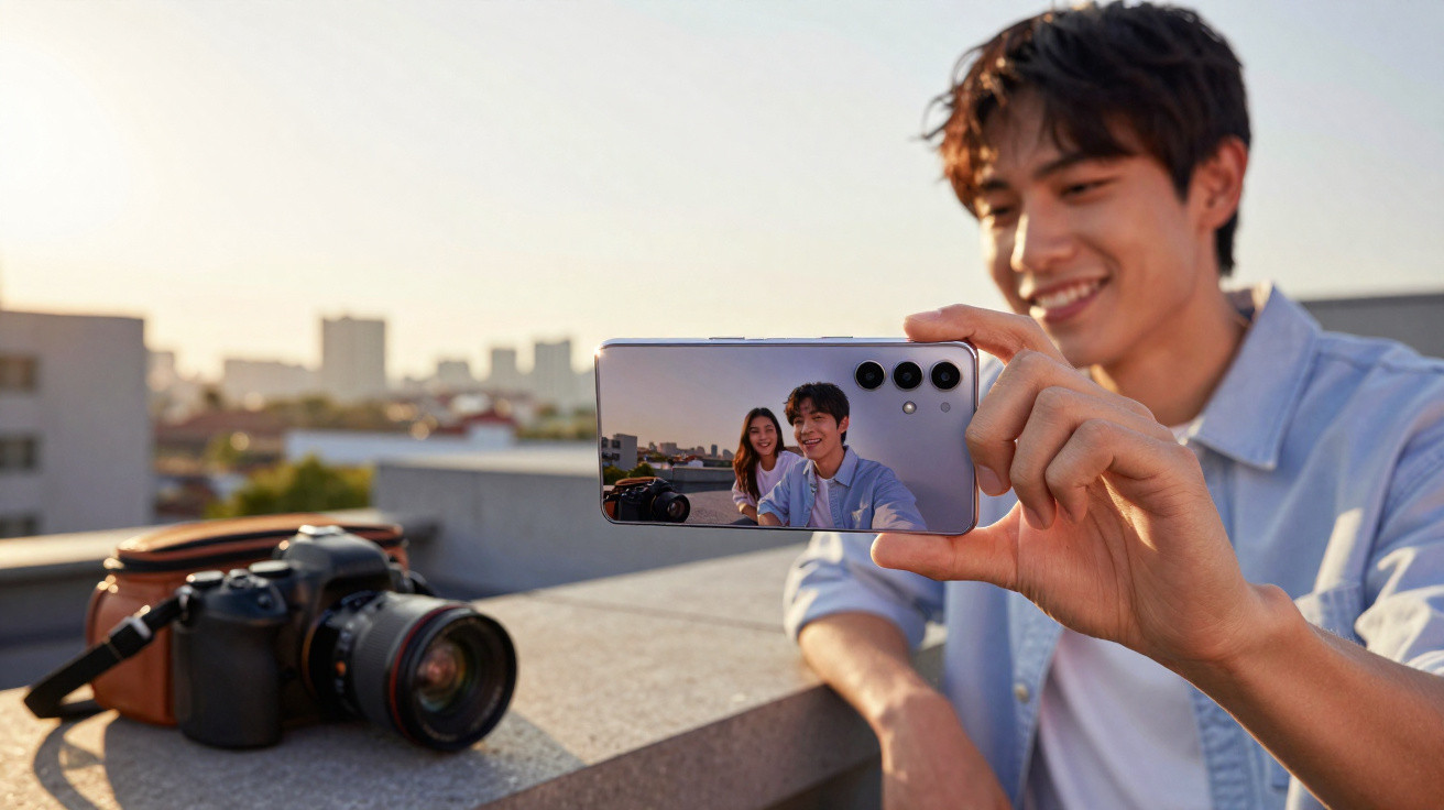 Jovem a tirar selfie com uma amiga na varanda ao pôr do sol, com uma câmara fotográfica na mesa.