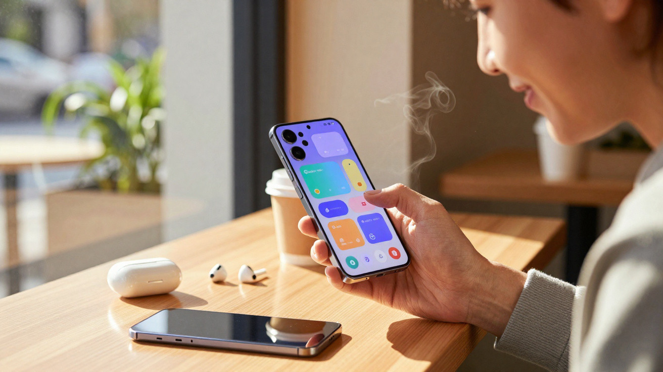 Pessoa a usar smartphone com interface colorida em mesa de café com auriculares e outra telemóvel.