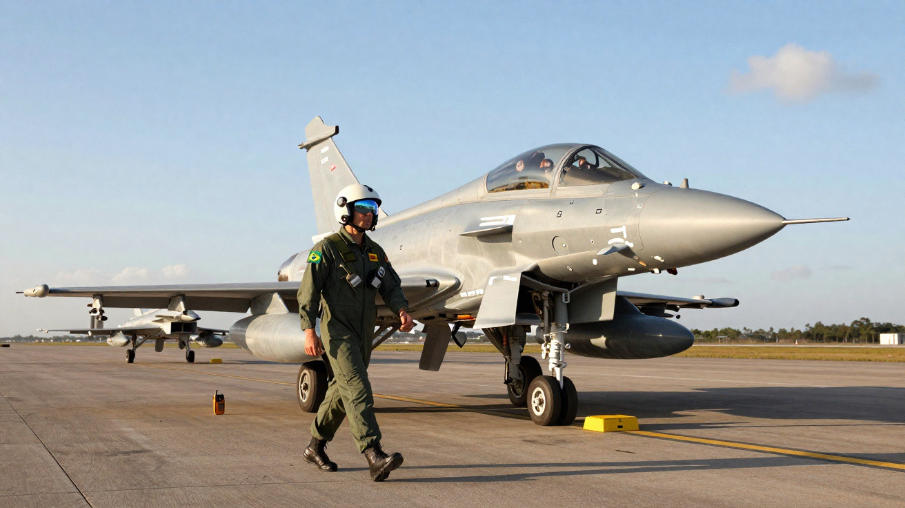 Piloto da Força Aérea brasileira de fato verde caminha ao lado de caça Rafale estacionado em pista de aeroporto.