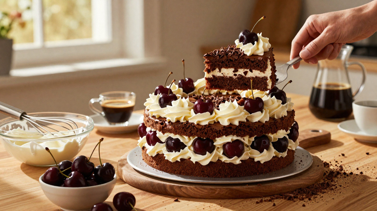 Bolo de chocolate com chantilly e cerejas, fatia a ser servida com uma espátula numa mesa de cozinha.