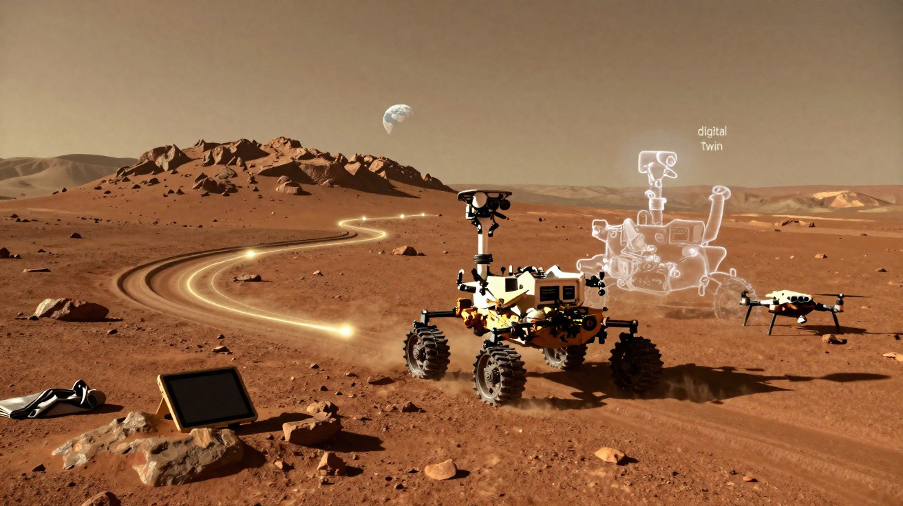 Rover exploratório em terreno marciano, com drone e projecção digital de gêmeo digital ao fundo.