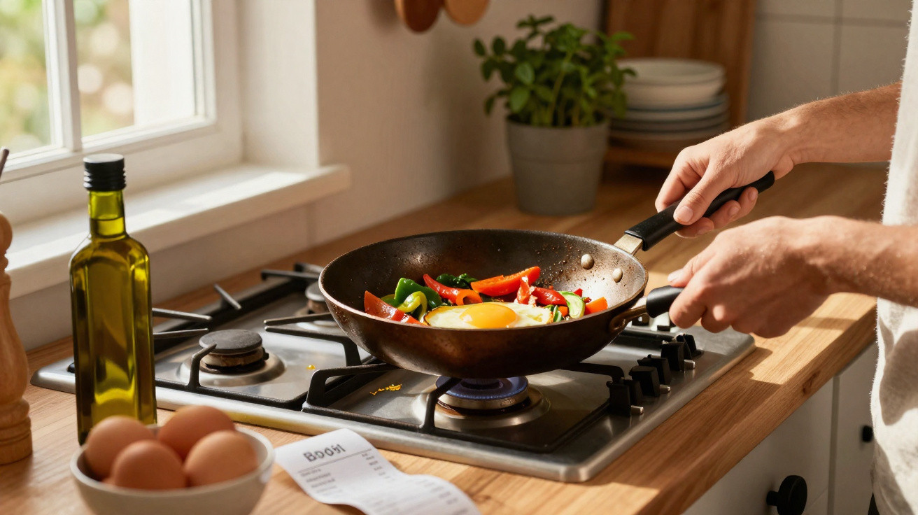 Pessoa a cozinhar ovos e legumes numa frigideira num fogão a gás numa cozinha iluminada.