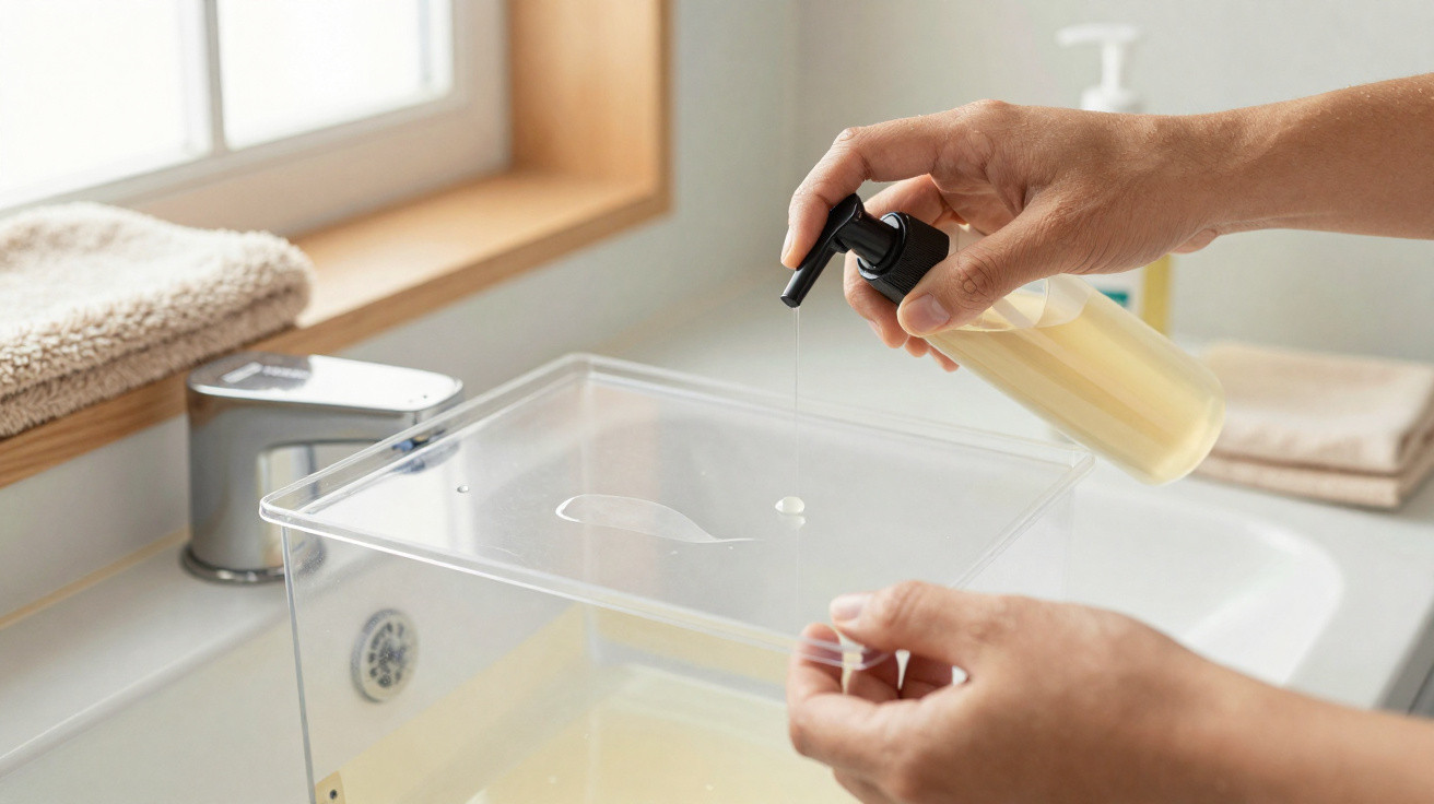 Mãos a aplicar sabonete líquido transparente numa superfície de acrílico num lavatório com toalhas ao lado.