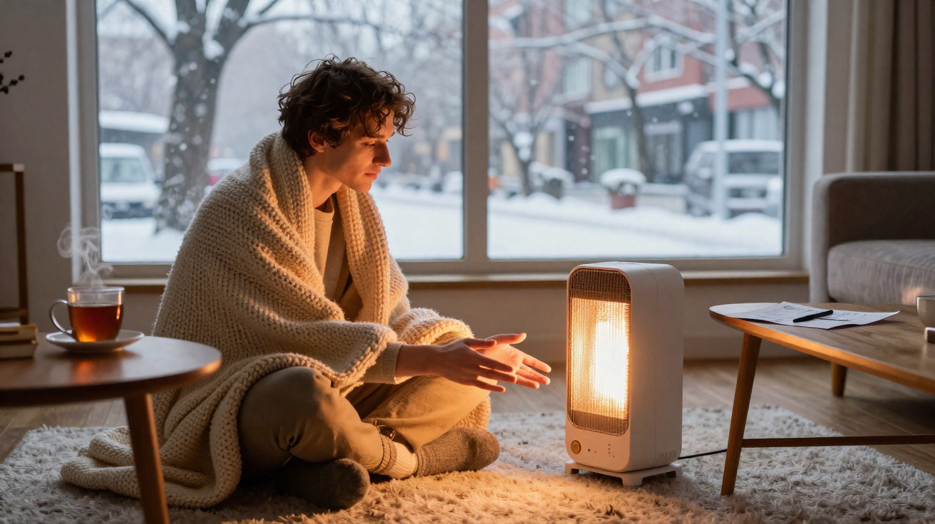 Pessoa sentada no chão coberta com manta, aquecendo as mãos junto a um aquecedor eléctrico numa sala com vista para neve.