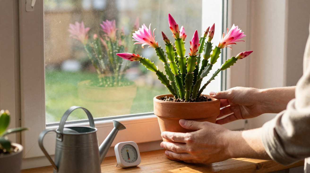 Mãos seguram vaso com cacto florido junto a janela, regador e termómetro numa mesa de madeira.