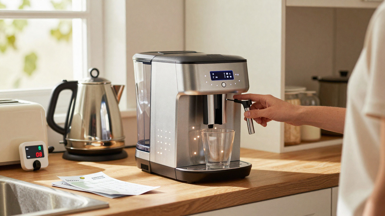 Máquina de café automática a preparar bebida com copo transparente numa cozinha moderna.
