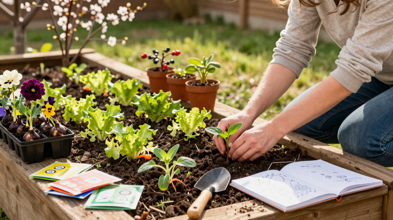 Pessoa a plantar uma muda numa horta elevada com alface, flores, manual de jardinagem e ferramentas.