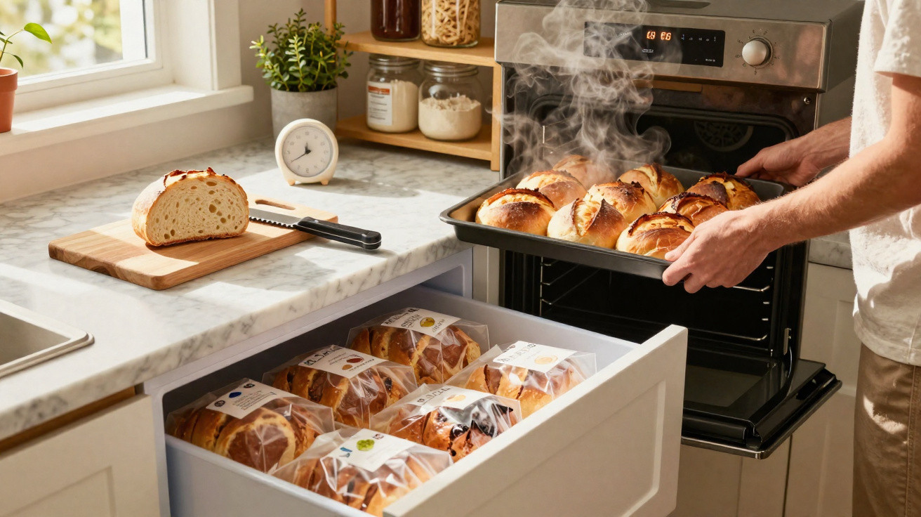 Pessoa a tirar pão acabado de cozer do forno numa cozinha moderna iluminada por luz natural.