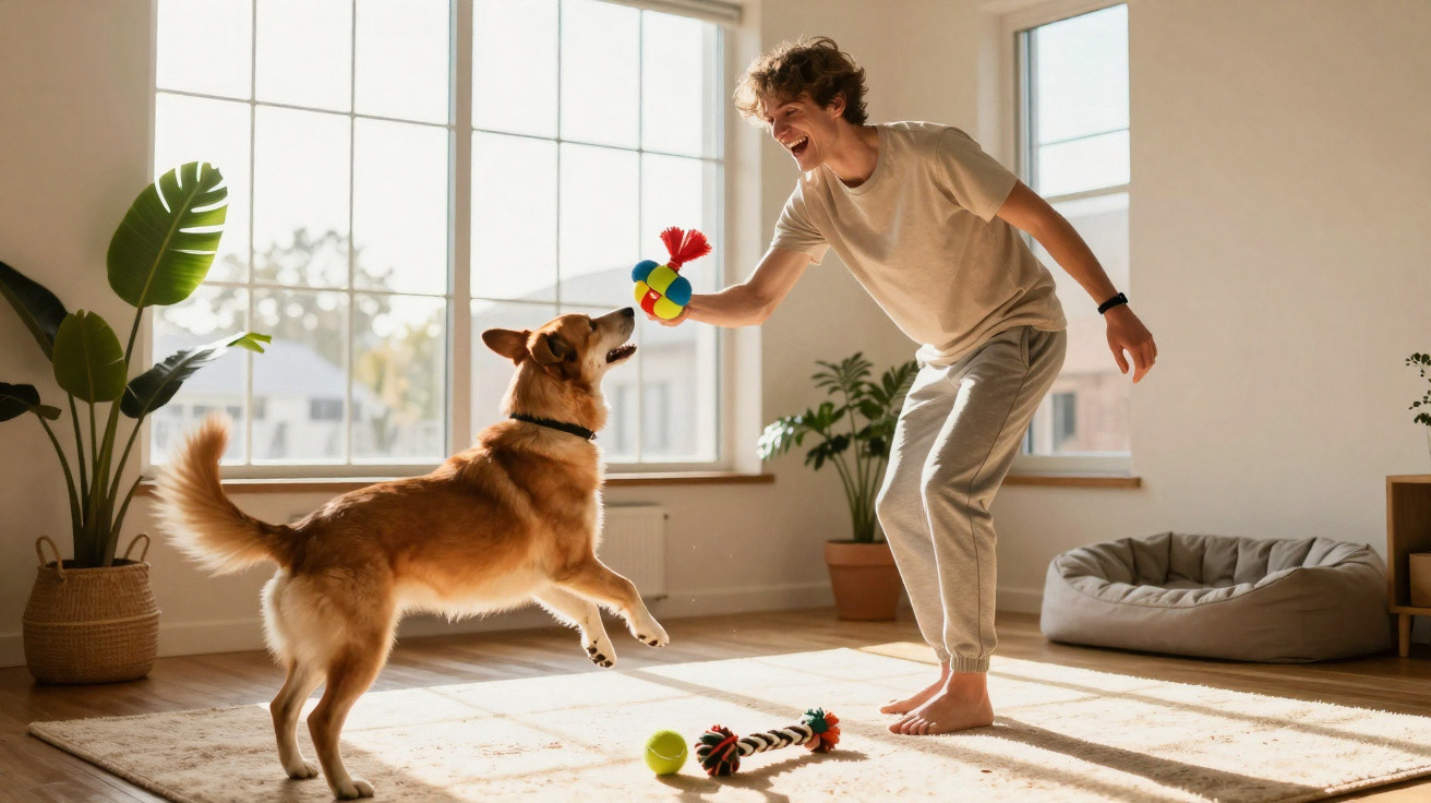 Homem a brincar com cão dentro de casa, segurando brinquedo colorido numa sala iluminada e acolhedora.