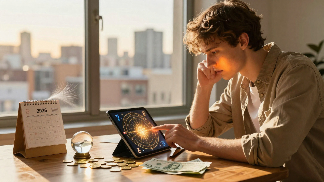 Jovem a analisar mapa astral num tablet, com moedas, notas e calendário de 2026 numa mesa junto à janela.