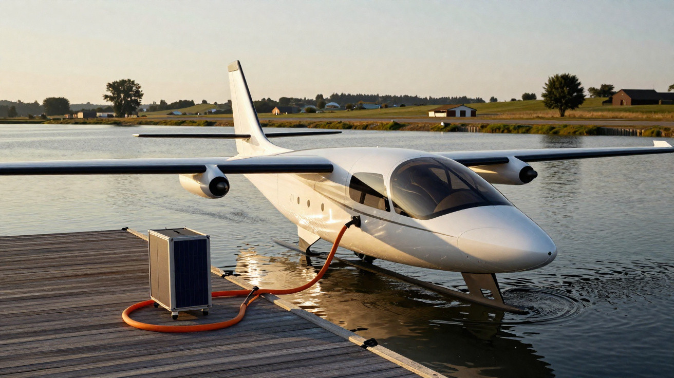 Avião anfíbio elétrico branco a carregar energia numa doca junto a um lago ao pôr do sol.