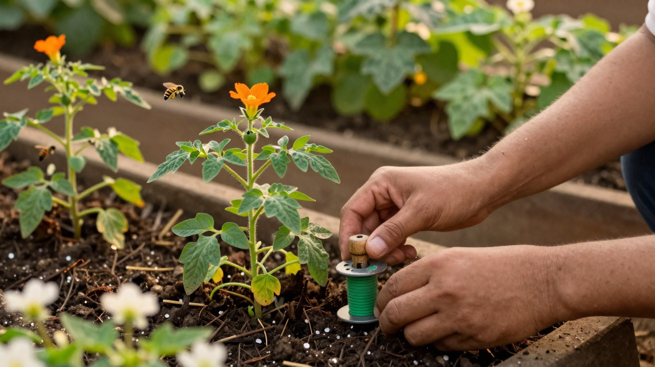 Mãos de uma pessoa a colocar fio verde em canteiro com plantas e uma abelha voando perto de flor laranja.