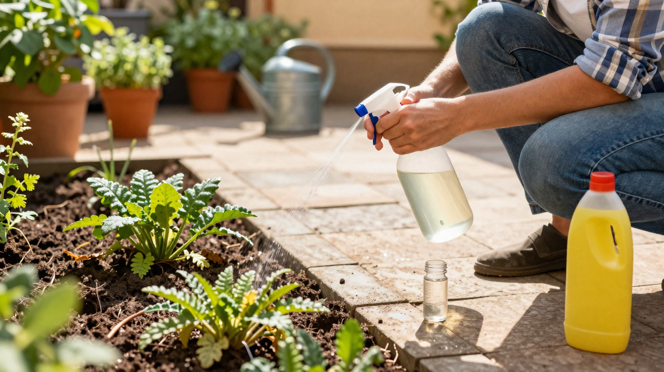 Pessoa a aplicar spray em plantas num jardim com regador ao fundo e frascos de produto ao lado.