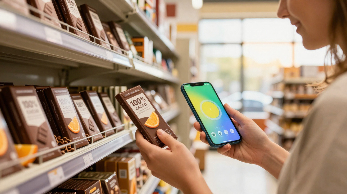 Pessoa a segurar tablete de chocolate 100% cacau e a usar telemóvel numa prateleira de supermercado.