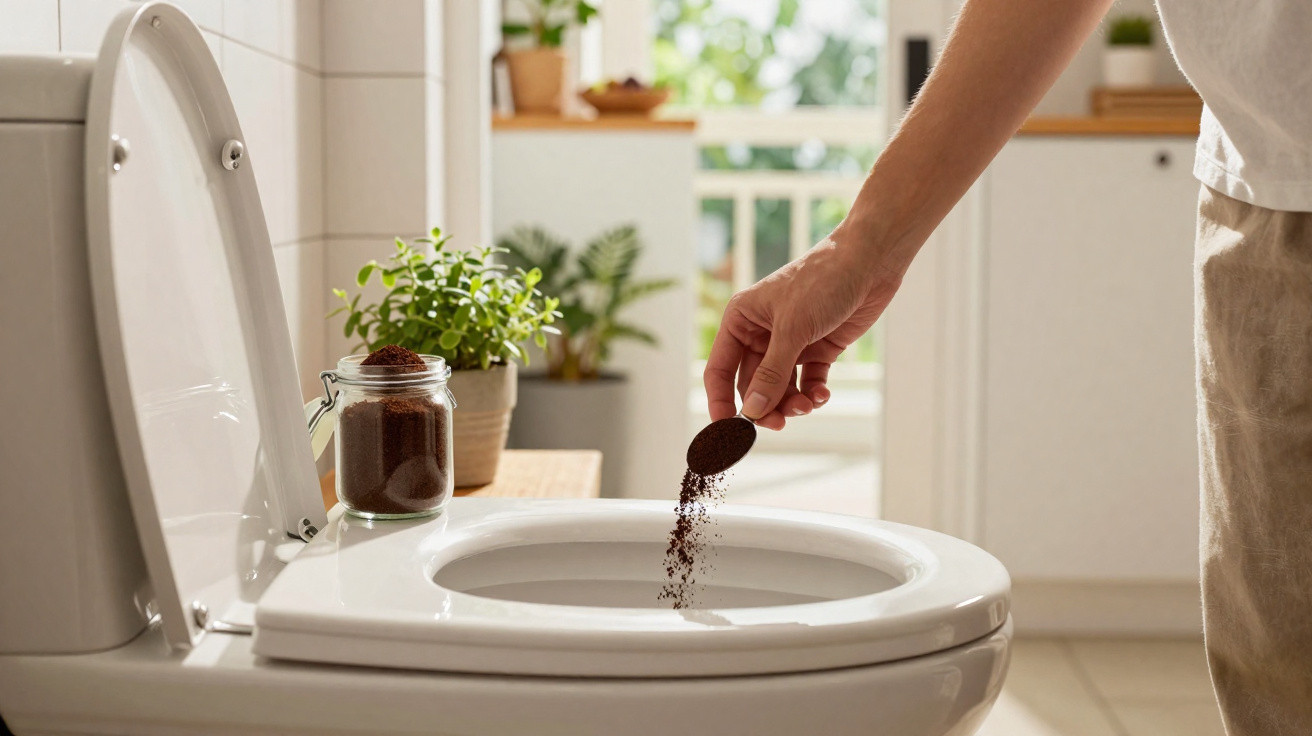 Pessoa a deitar café usado no vaso sanitário numa casa de banho com luz natural.