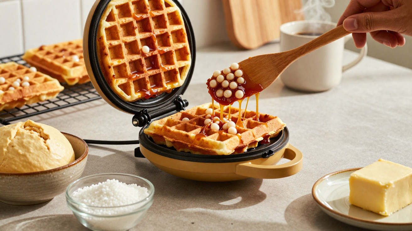 Máquina de waffles com waffles quentes, calda a ser colocada e ingredientes à volta numa mesa.