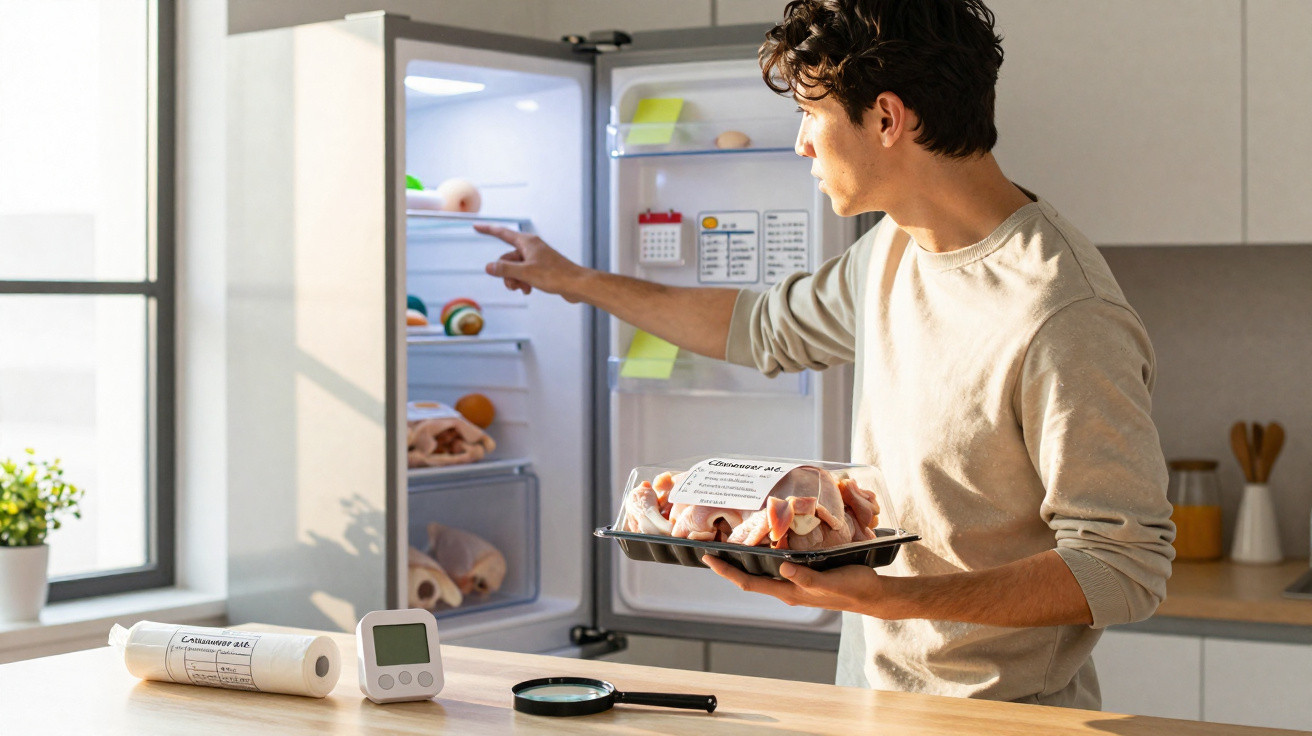 Homem a colocar frango cru no frigorífico numa cozinha iluminada pela luz natural.