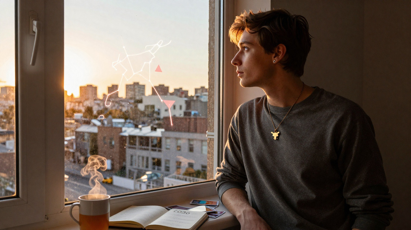Jovem olha pela janela ao pôr do sol com chá fumegante, livro aberto e desenhos de constelações no vidro.