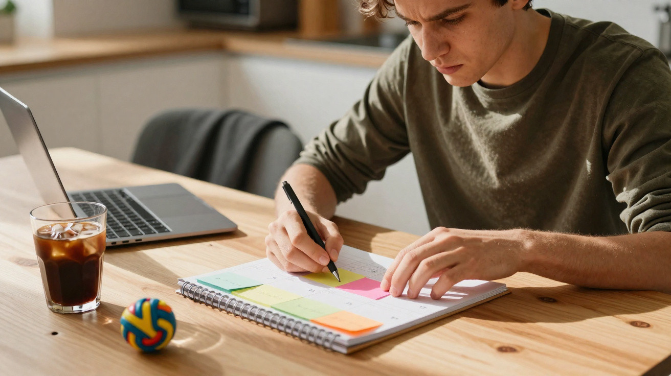 Jovem a escrever em agenda com notas coloridas, computador portátil e bebida fria na mesa de madeira.