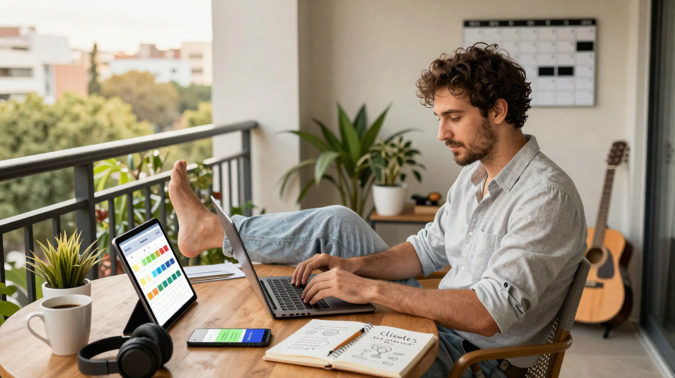 Homem a trabalhar num portátil numa varanda com tablet, telemóvel, caderno e bebida quente na mesa.