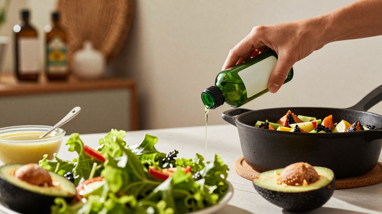 Mão a deitar azeite numa salada verde com abacate e legumes numa cozinha iluminada.
