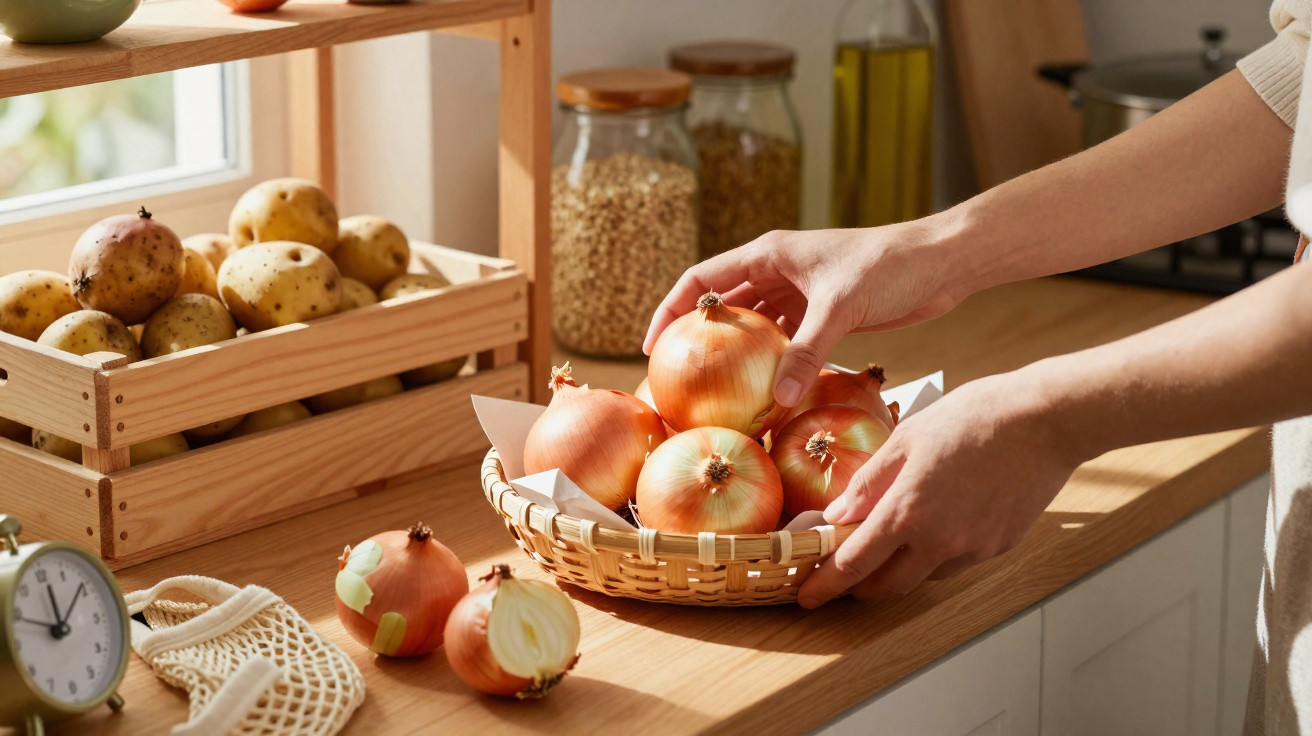 Mãos a colocar cebolas numa cesta de vime numa bancada de cozinha com batatas e frascos ao fundo.